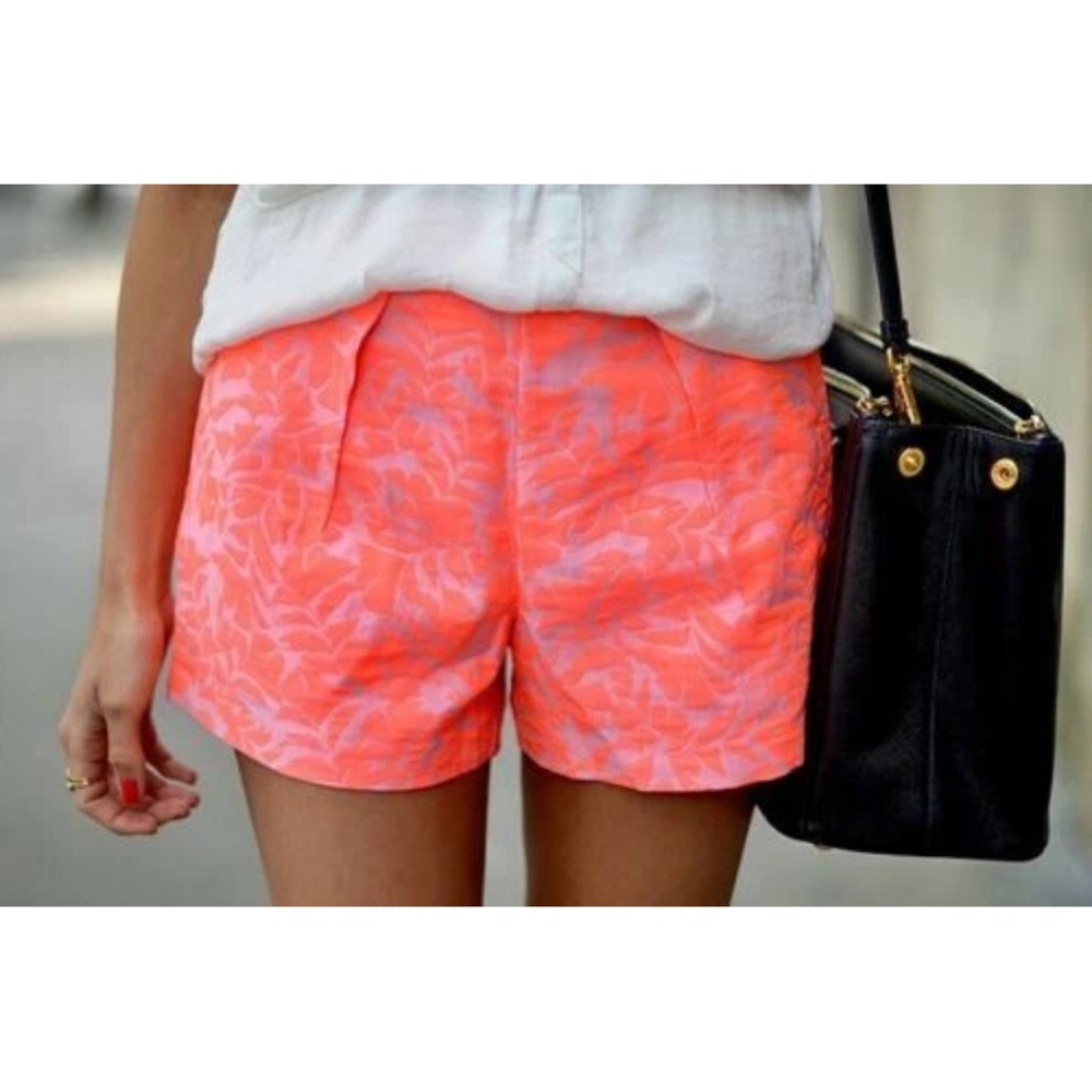 J. Crew Tap Neon Bright Coral Jacquard Pleated Summer Shorts Women Resort